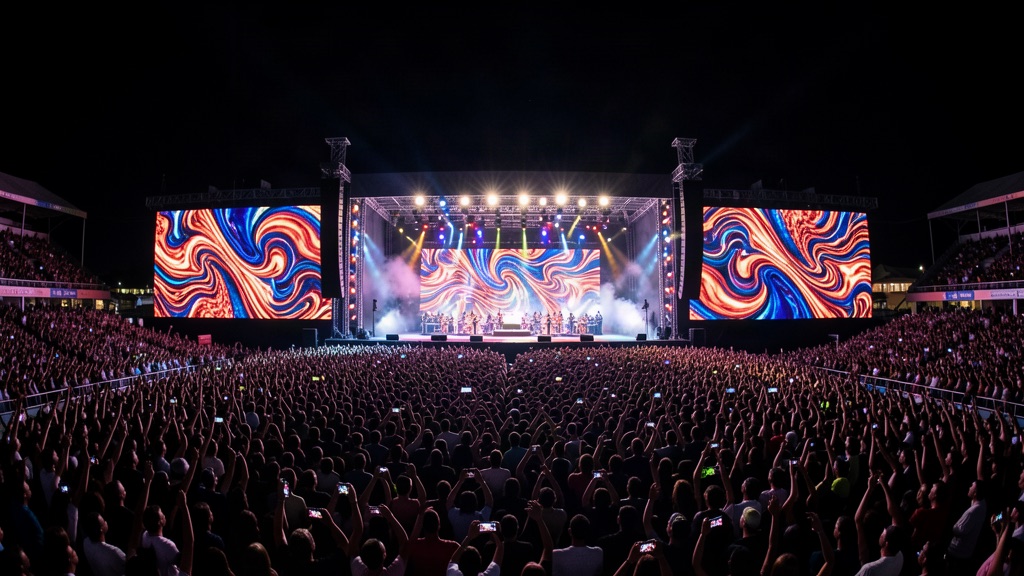 Arena lotada durante show sertanejo com telões de LED e iluminação de palco