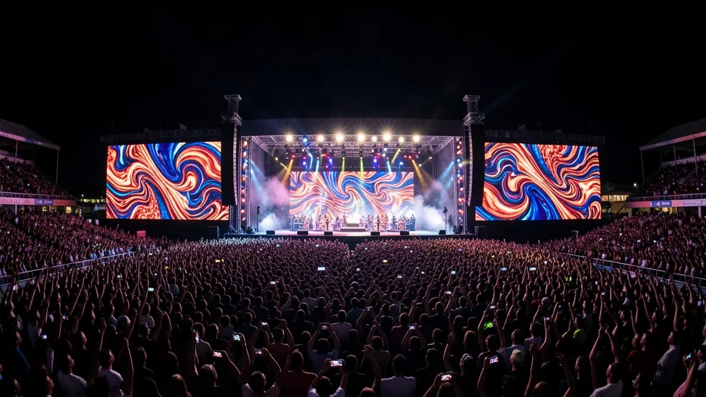 Arena lotada durante show sertanejo com telões de LED e iluminação de palco