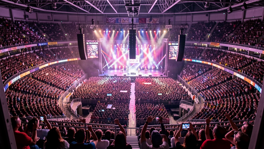 Arena de show vista de cima durante apresentação noturna com luzes do palco