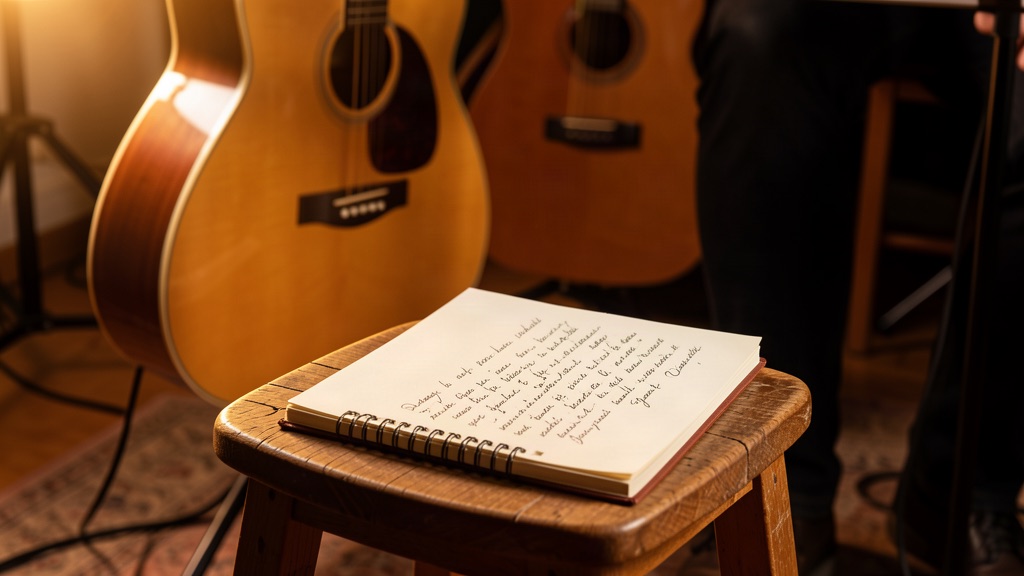 Violão e caderno de composições em luz quente