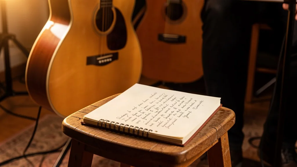 Violão e caderno de composições em luz quente