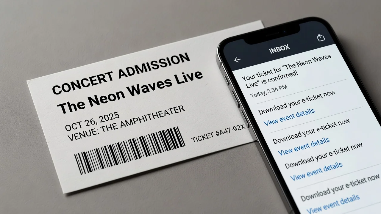 PDF de ingresso e e-mail da bilheteria no notebook
