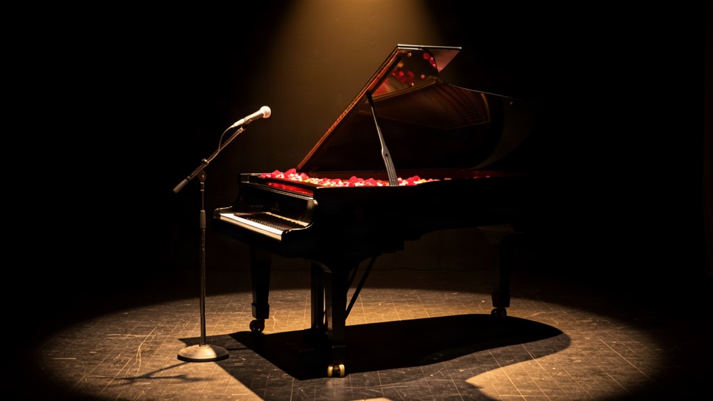 Piano de cauda sob refletor no palco