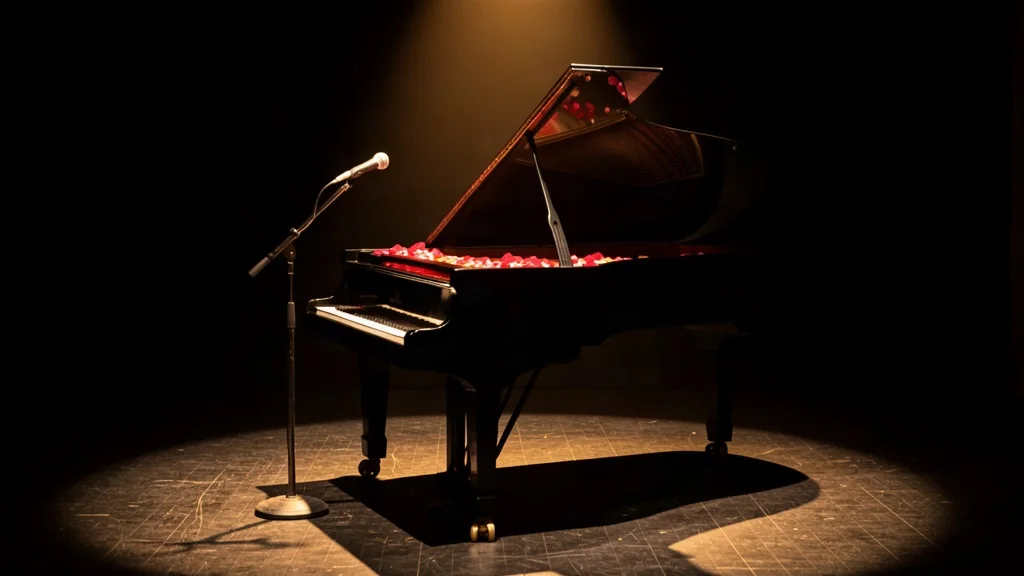 Piano de cauda sob refletor no palco