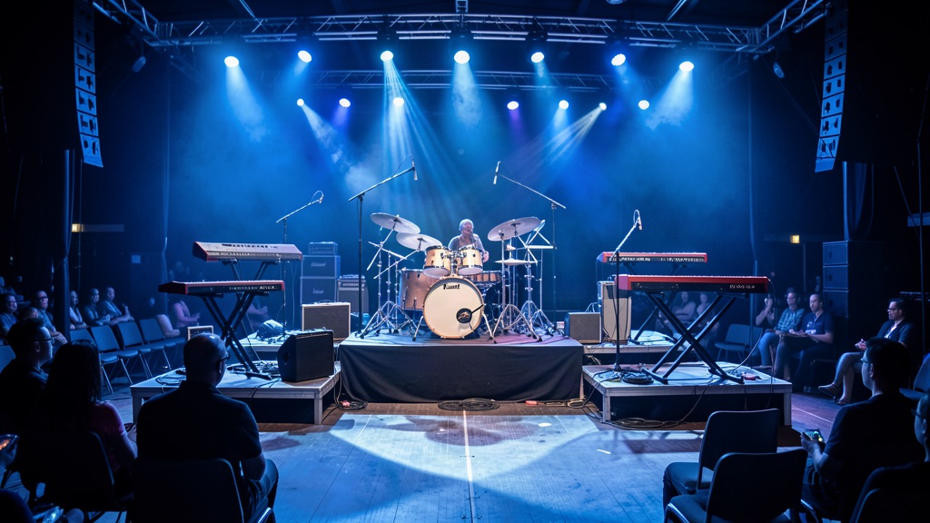 Bateria e teclados prontos no palco antes do show