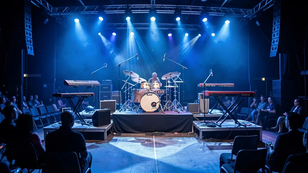 Bateria e teclados prontos no palco antes do show