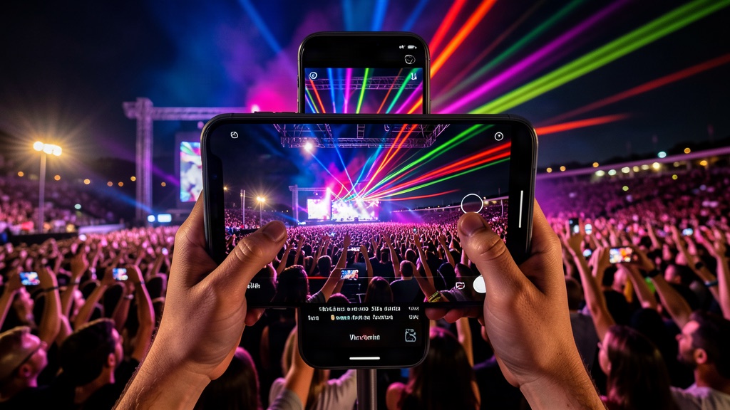 Público com celulares erguidos gravando show com luzes coloridas