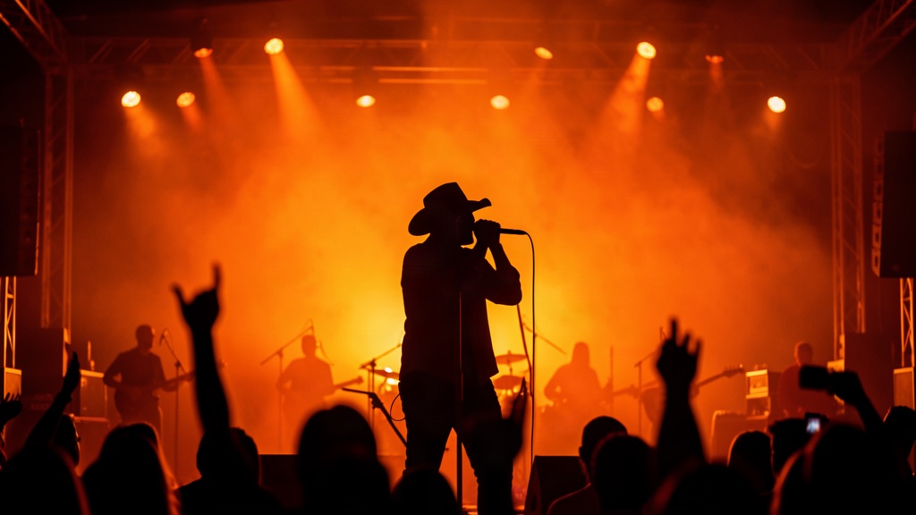 Silhueta de cantor sertanejo com microfone contra luzes de pôr do sol no palco