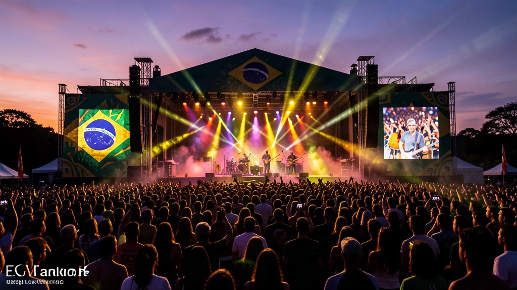 Multidão em festival de música ao ar livre com palco iluminado ao anoitecer