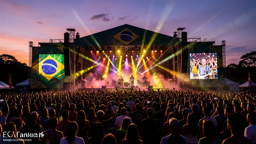 Multidão em festival de música ao ar livre com palco iluminado ao anoitecer