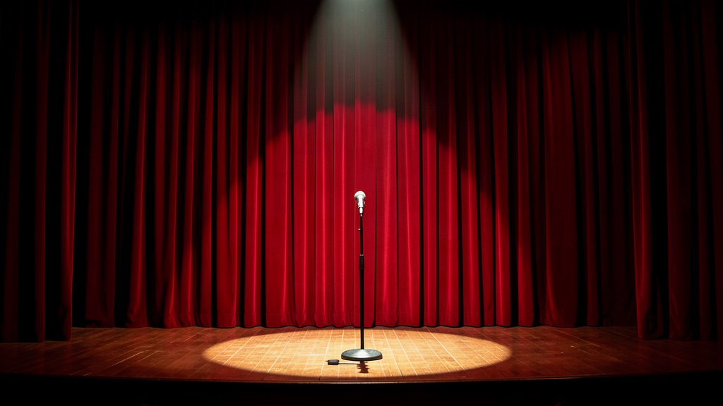 Show intimista em teatro com cantor no palco sob refletor
